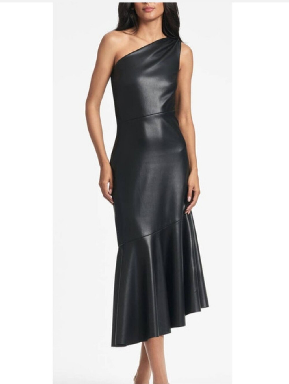 $496 Sachin & Babi Harris One-Shoulder Faux-Leather Midi Dress